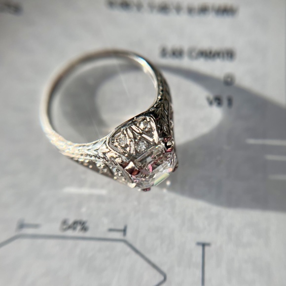 Antique Platinum Emerald Cut Diamond 2.91 ctw Engagement Ring IGI Certified - Picture 11 of 17